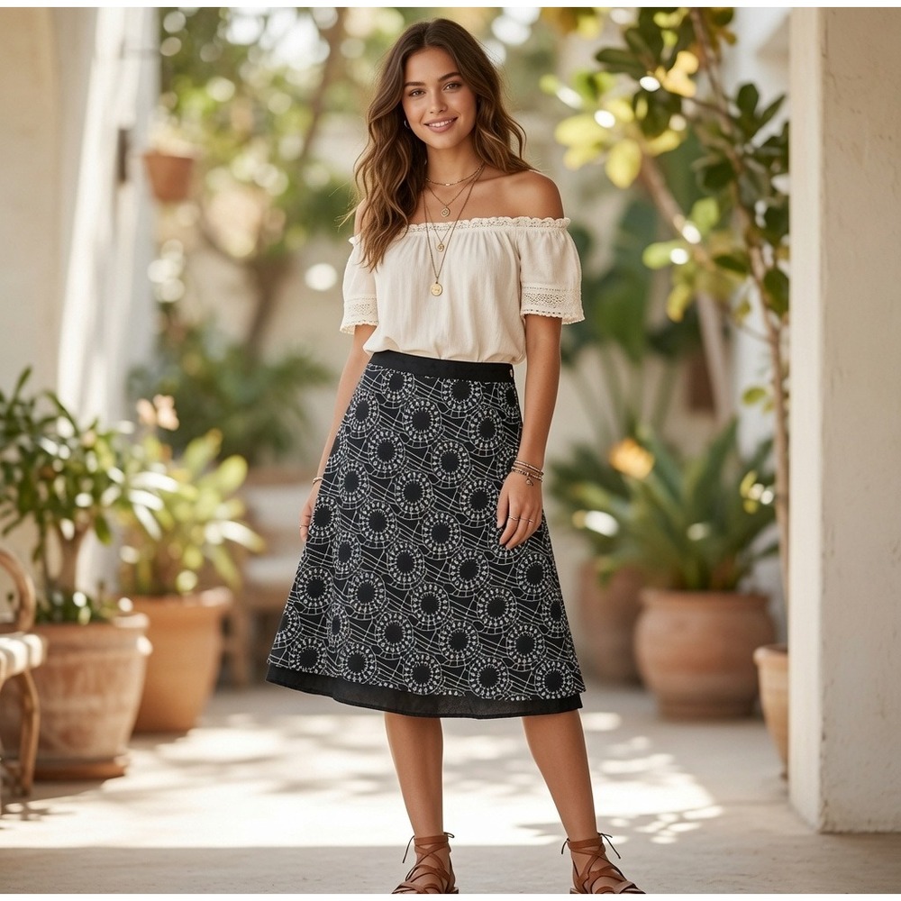 Edward Black White Geometric Eyelet Linen Blend Midi A-Line Skirt Size 8